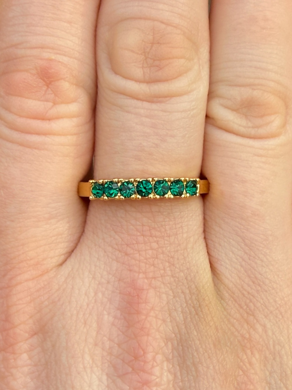 Emerald Green Crystal Half Eternity Band Ring Gold Tone Size 7.5